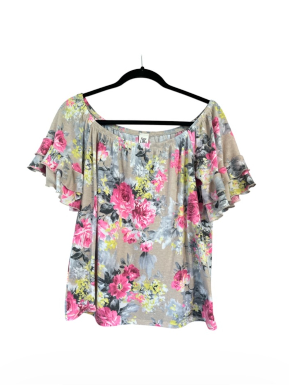 Sew In Love Beige Off-Shoulder Floral Flutter Sleeve Top with Pink Roses
